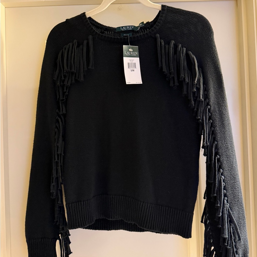 Lauren Ralph Lauren Black Fringe Sleeve Cropped Sweater NWT Size S/M